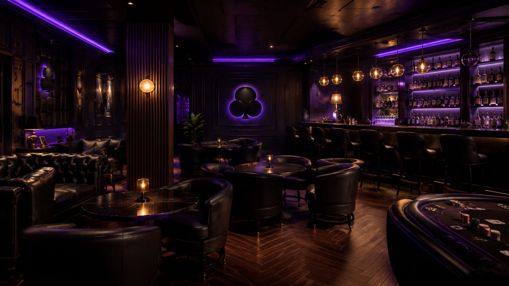Główna strefa barowa Guildhouse Club — lada, ekrany, subtelne oświetlenie ambientowe
