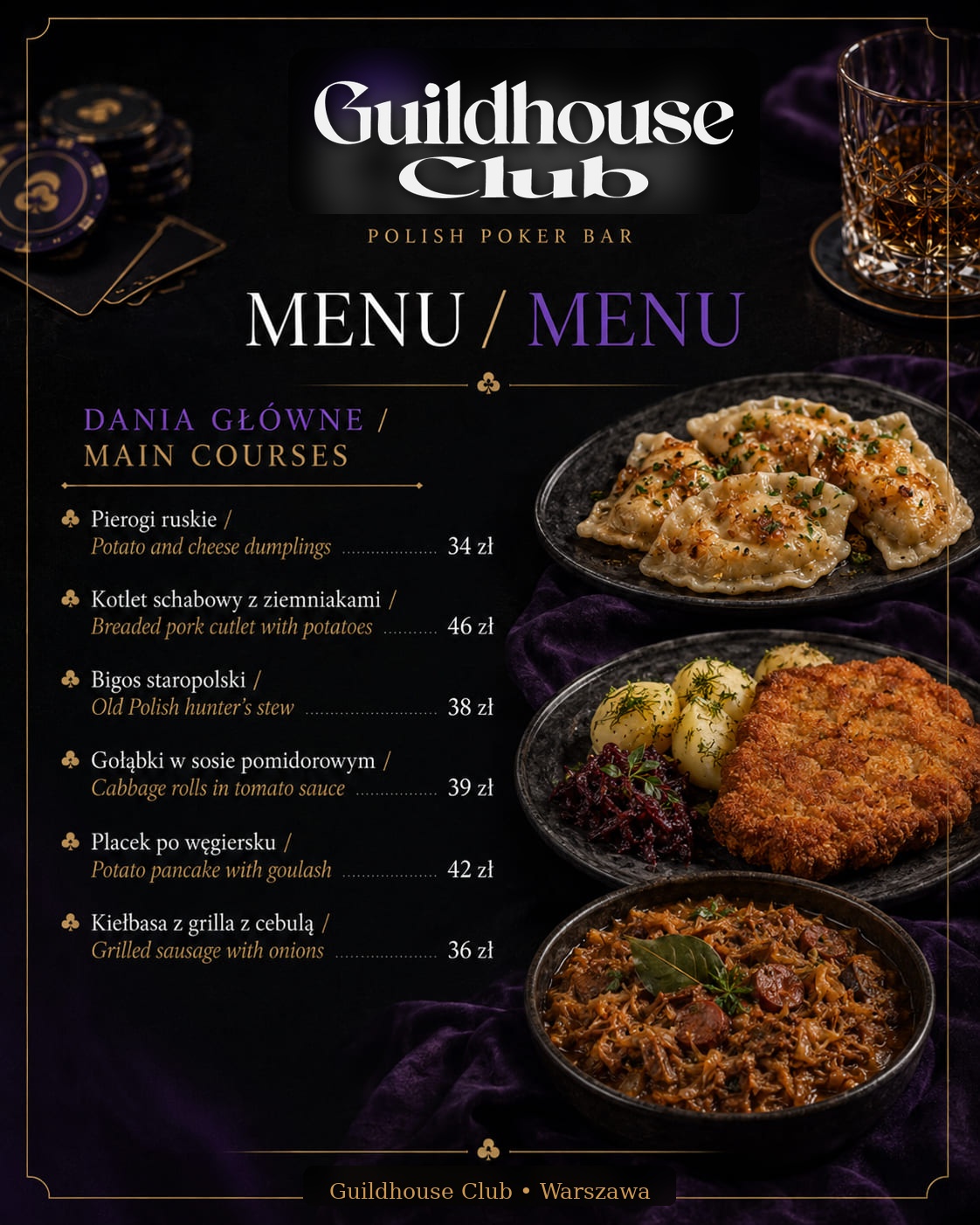 Dania główne serwowane w Guildhouse Club — pierogi, bigos, kotlet schabowy