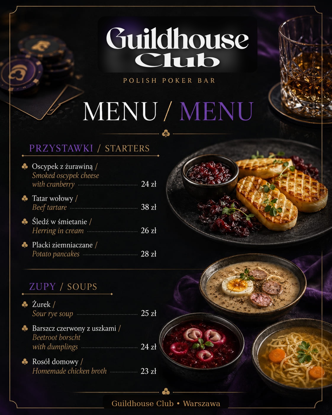 Przystawki serwowane w Guildhouse Club — oscypek, tatar, śledź